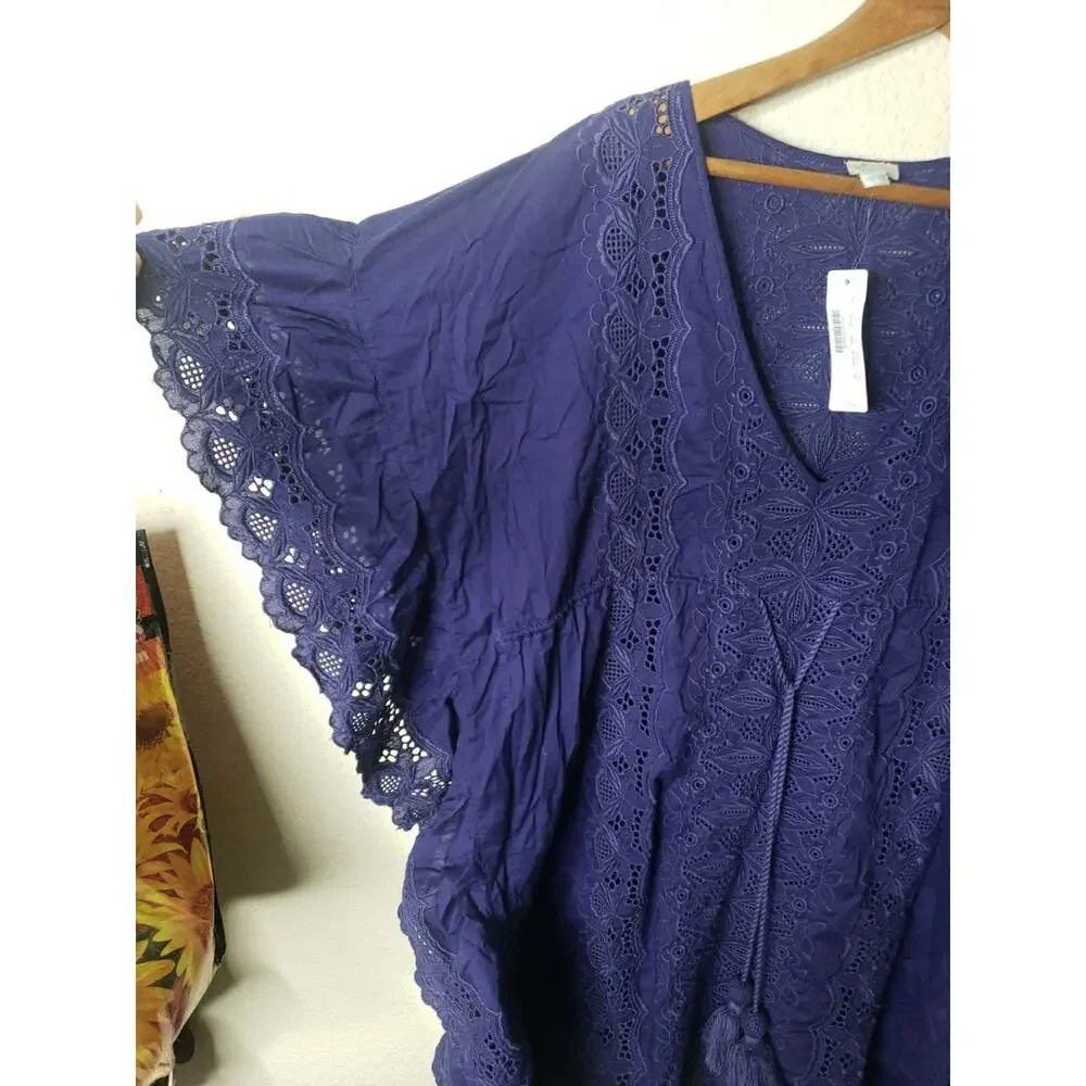 J Crew Re-imagined Blue Embroidered Floral Caftan Cover Up Tunic Top MEDIUM